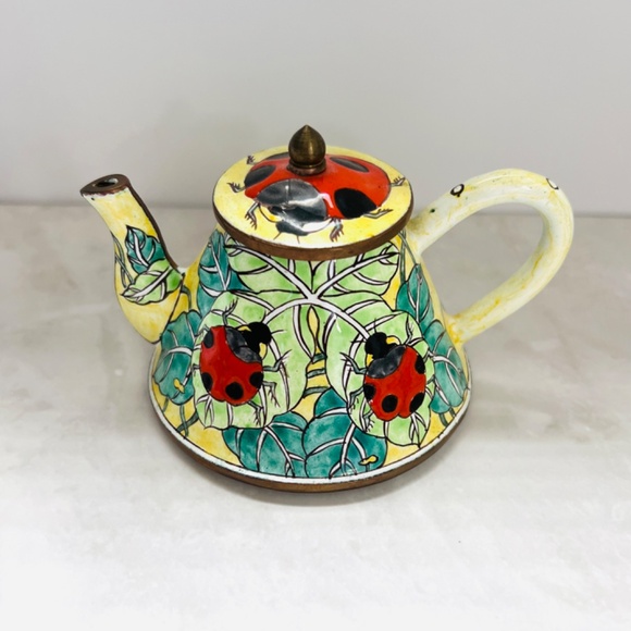 Authentic Kelvin Chen Ladybug Teapot Vintage | Taiwan Cloisonné Enamel | Garden - Picture 5 of 7